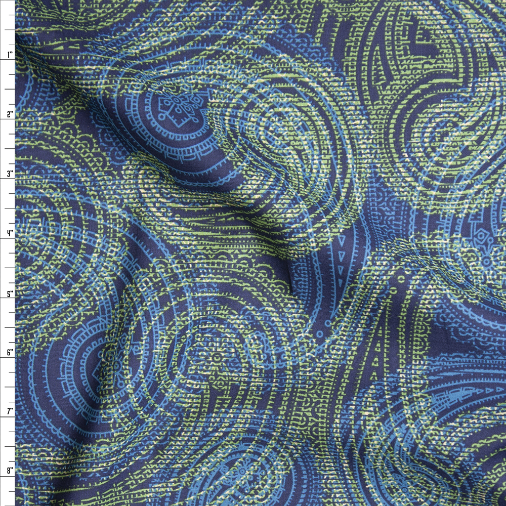 Lime and Turquoise Layered Paisley Print on Navy Fine Cotton Lawn from ‘Tori Richards’ Fabric By The Yard