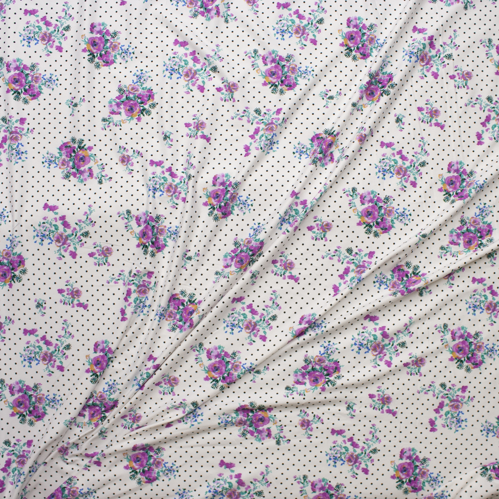 Lavender Floral on Black and White Polka Dot Double Brushed Poly Spandex Fabric By The Yard - Wide shot