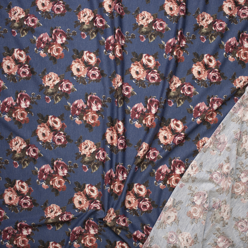 Rose Floral on Slate Blue Heather Lightweight Poly/Rayon French Terry Fabric By The Yard - Wide shot
