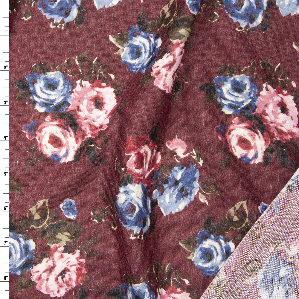 Rose Floral on Wine Lightweight Poly/Rayon French Terry Fabric By The Yard