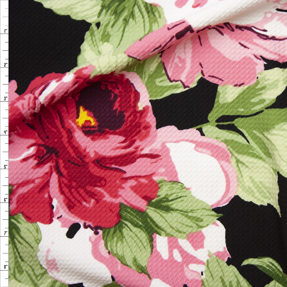Pink, Green, and Yellow Large Floral on Black Liverpool Fabric By The Yard