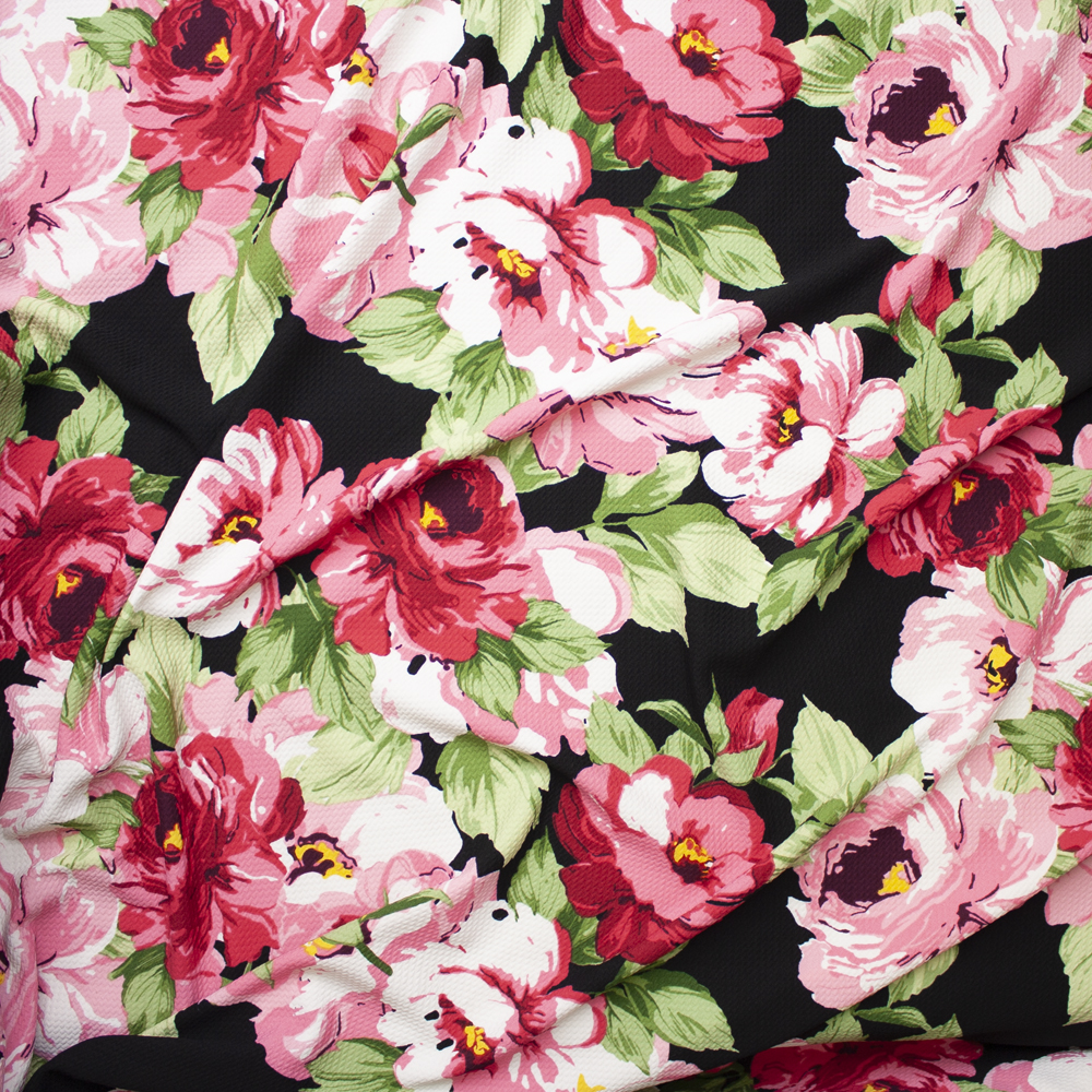 Pink, Green, and Yellow Large Floral on Black Liverpool Fabric By The Yard - Wide shot