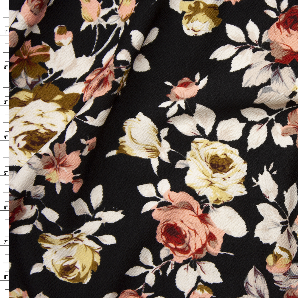 Pink, Grey, and Ivory Floral on Black Liverpool Knit Fabric By The Yard