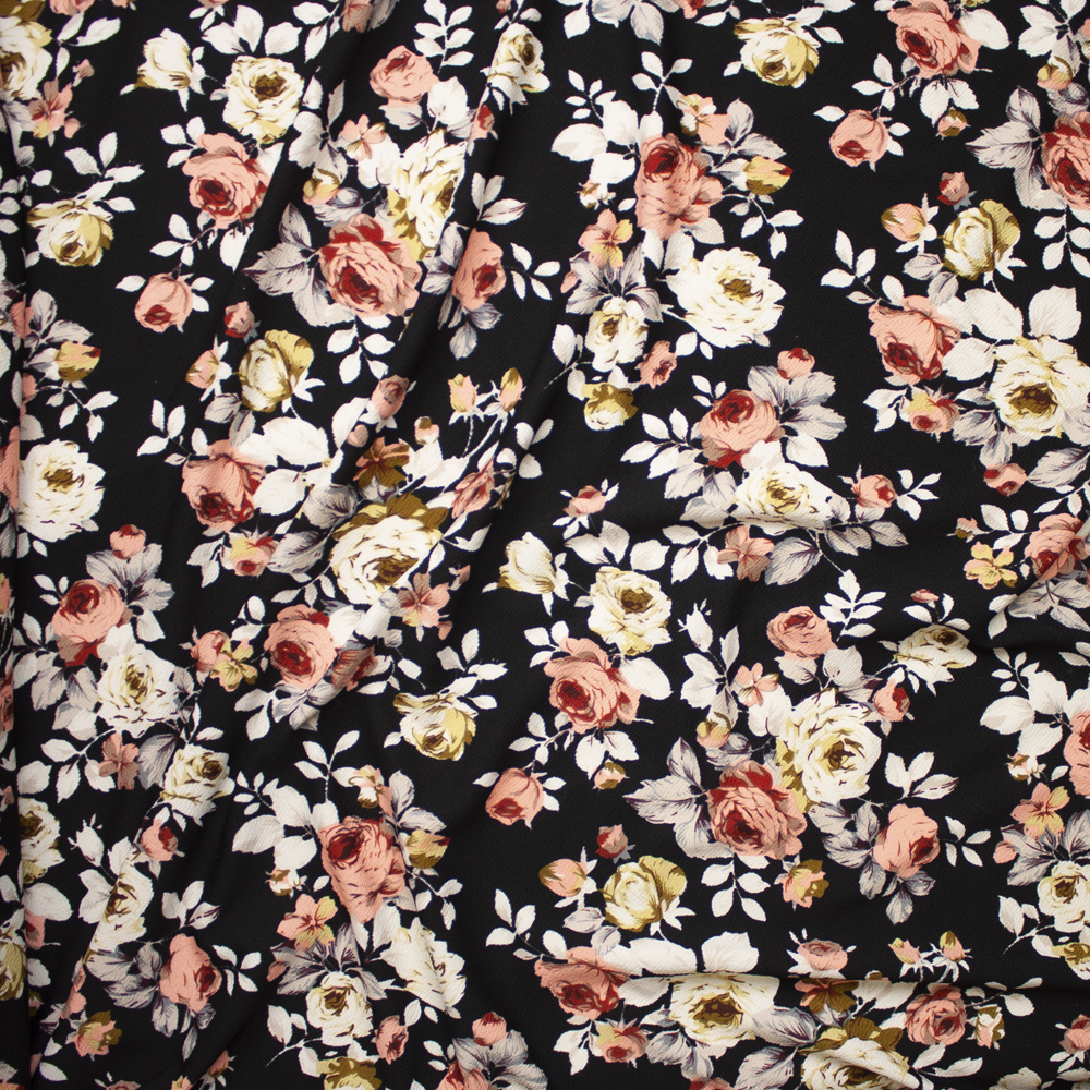 Pink, Grey, and Ivory Floral on Black Liverpool Knit Fabric By The Yard - Wide shot