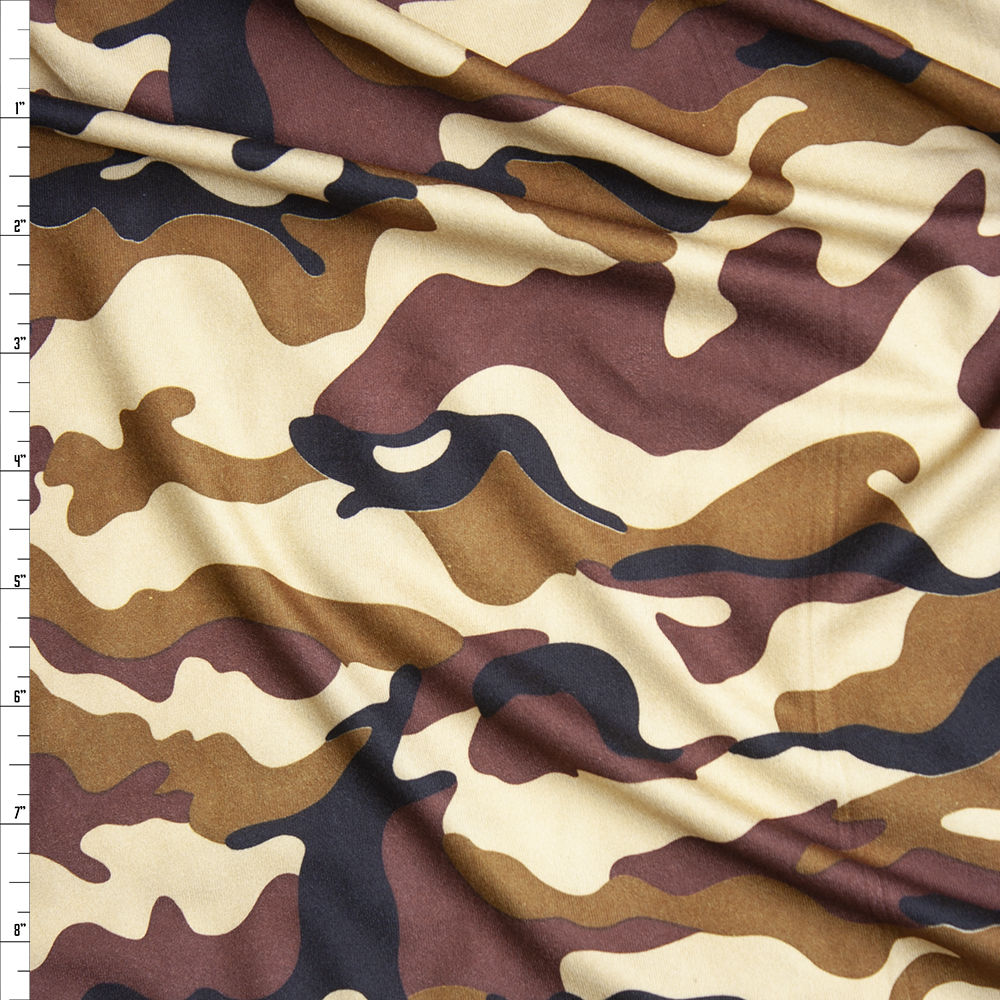 Warm Brown, Caramel, Cream, and Black Camouflage Print Double Brushed Poly Spandex Fabric By The Yard