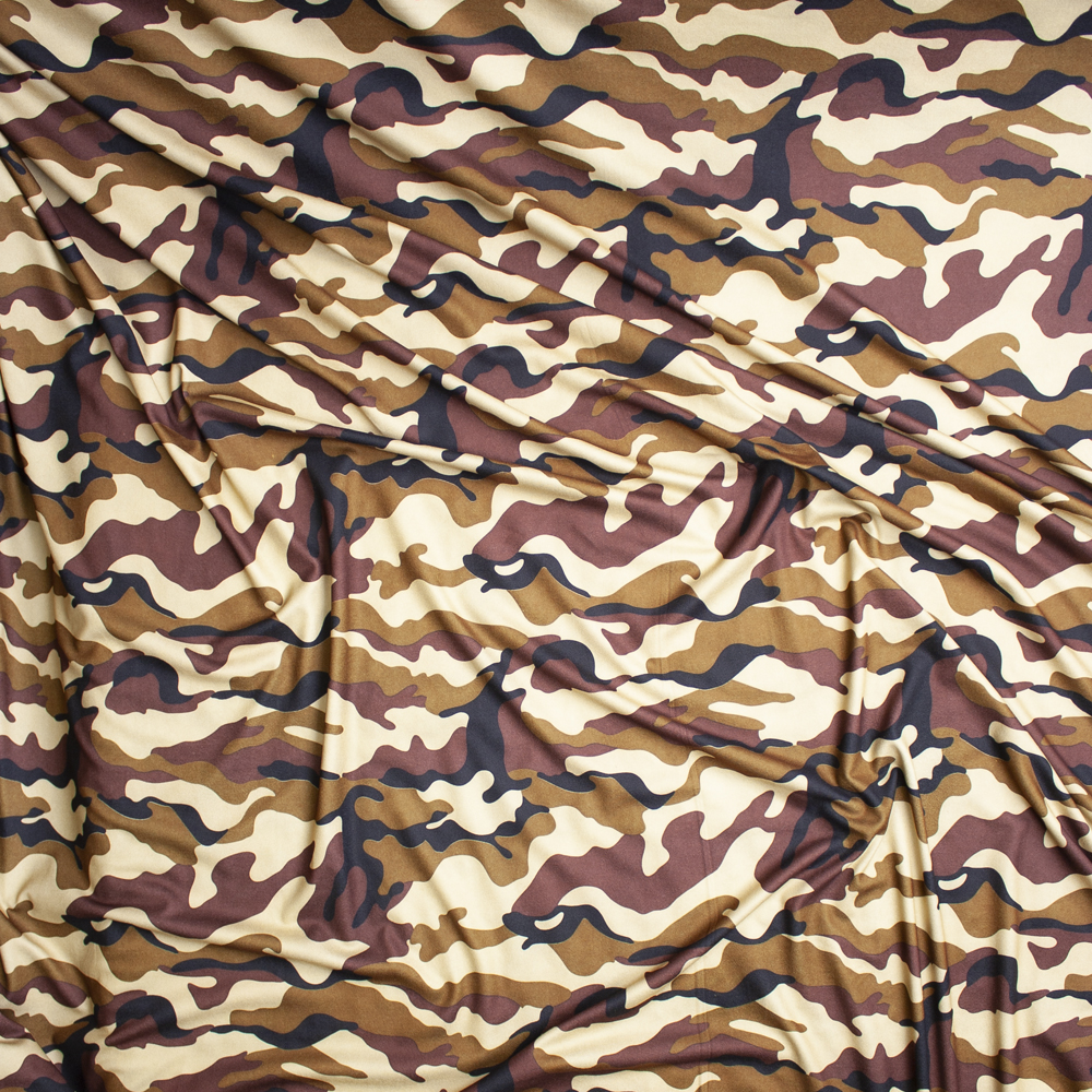 Warm Brown, Caramel, Cream, and Black Camouflage Print Double Brushed Poly Spandex Fabric By The Yard - Wide shot