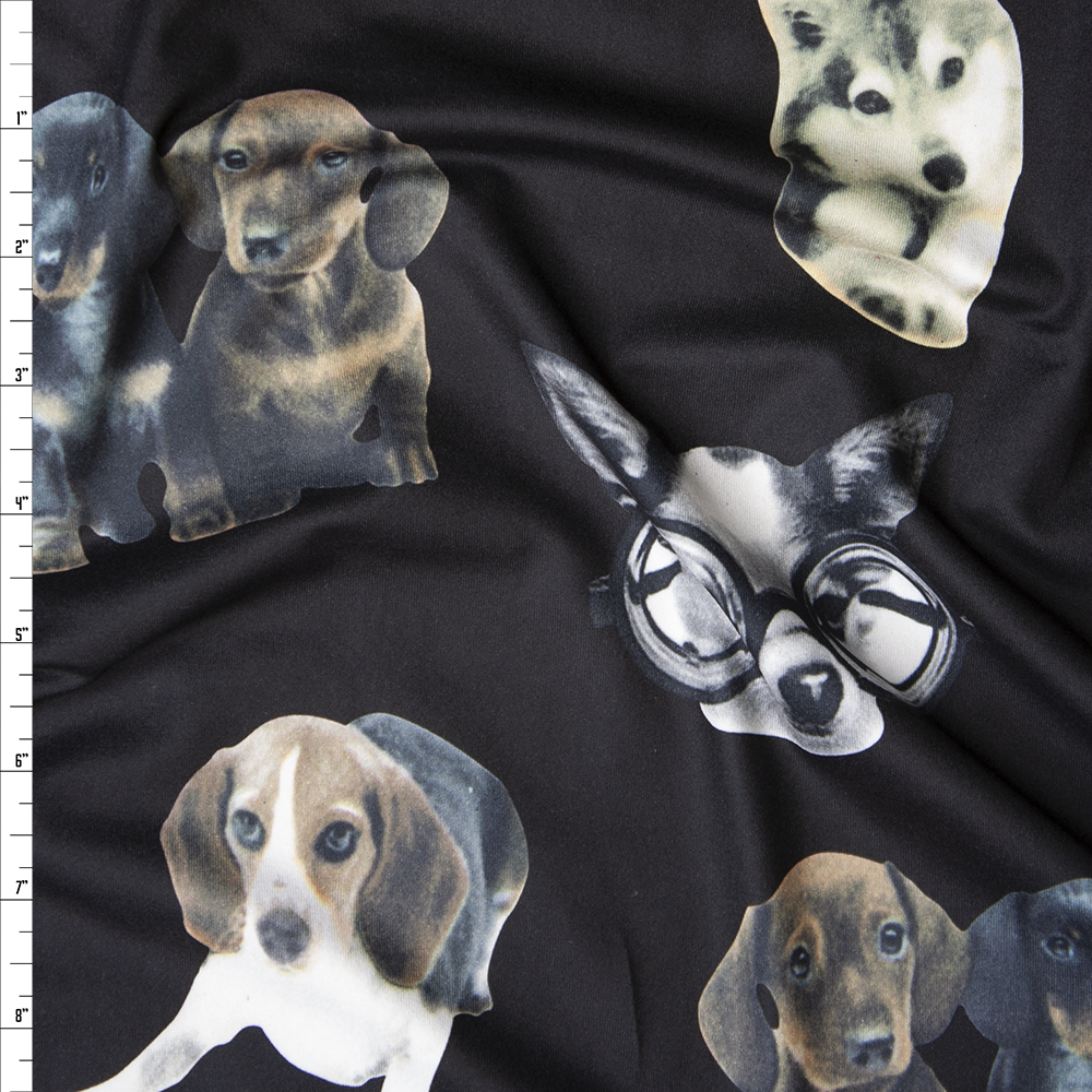 Cute Dog Photo Cutouts on Black Brushed Poly Spandex Fabric By The Yard