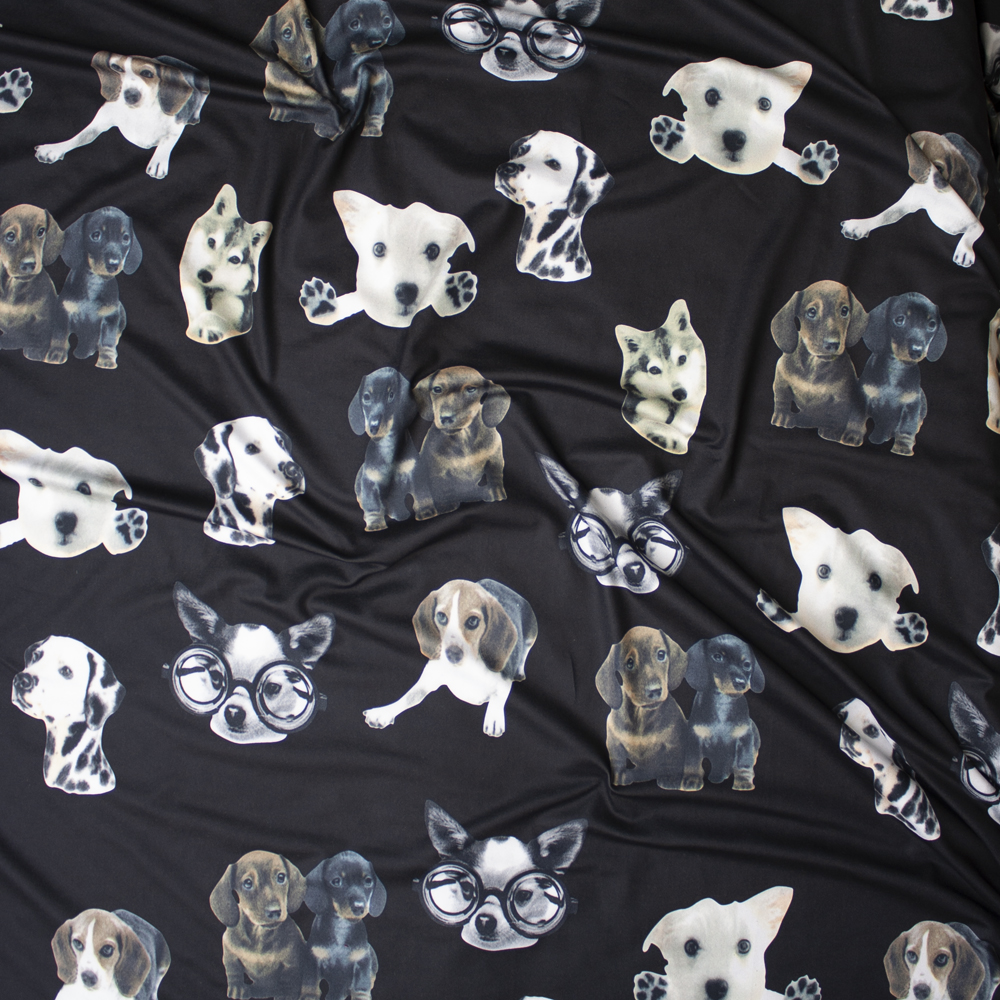Cute Dog Photo Cutouts on Black Brushed Poly Spandex Fabric By The Yard - Wide shot