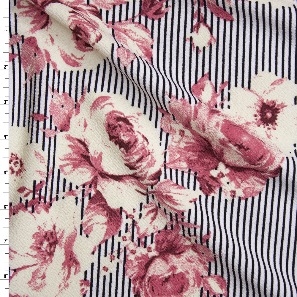 Pink and Ivory Flowers on Black and White Vertical Stripes Liverpool Knit Fabric By The Yard