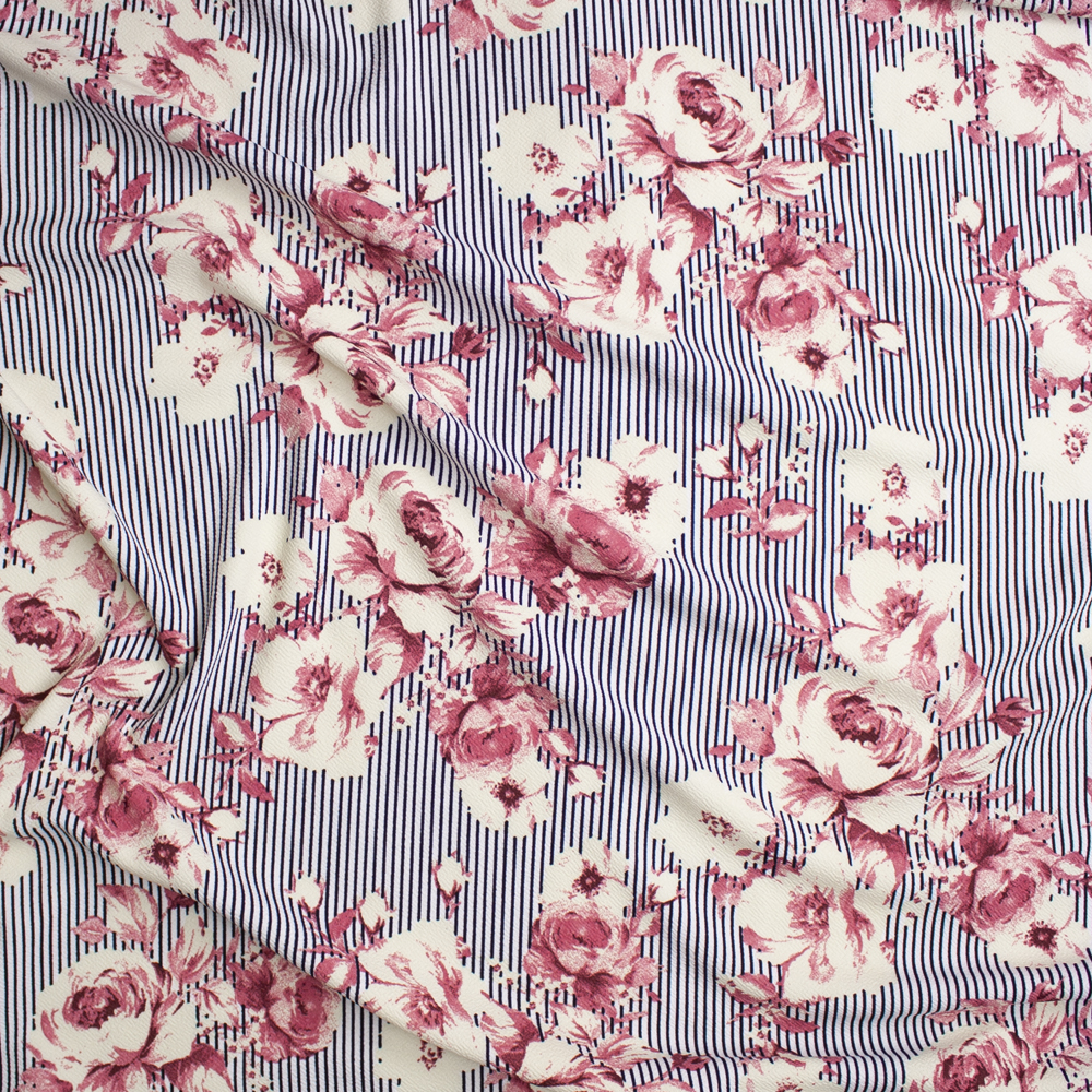Pink and Ivory Flowers on Black and White Vertical Stripes Liverpool Knit Fabric By The Yard - Wide shot