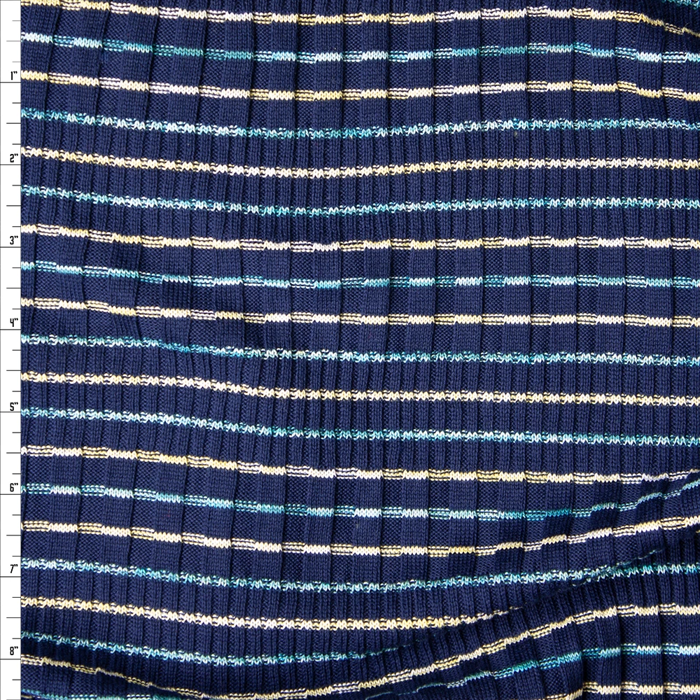Yellow, White, and Light Blue Stripes on Navy Ribbed Midweight Sweater Knit Fabric By The Yard