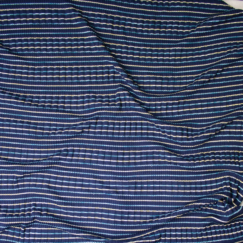 Yellow, White, and Light Blue Stripes on Navy Ribbed Midweight Sweater Knit Fabric By The Yard - Wide shot