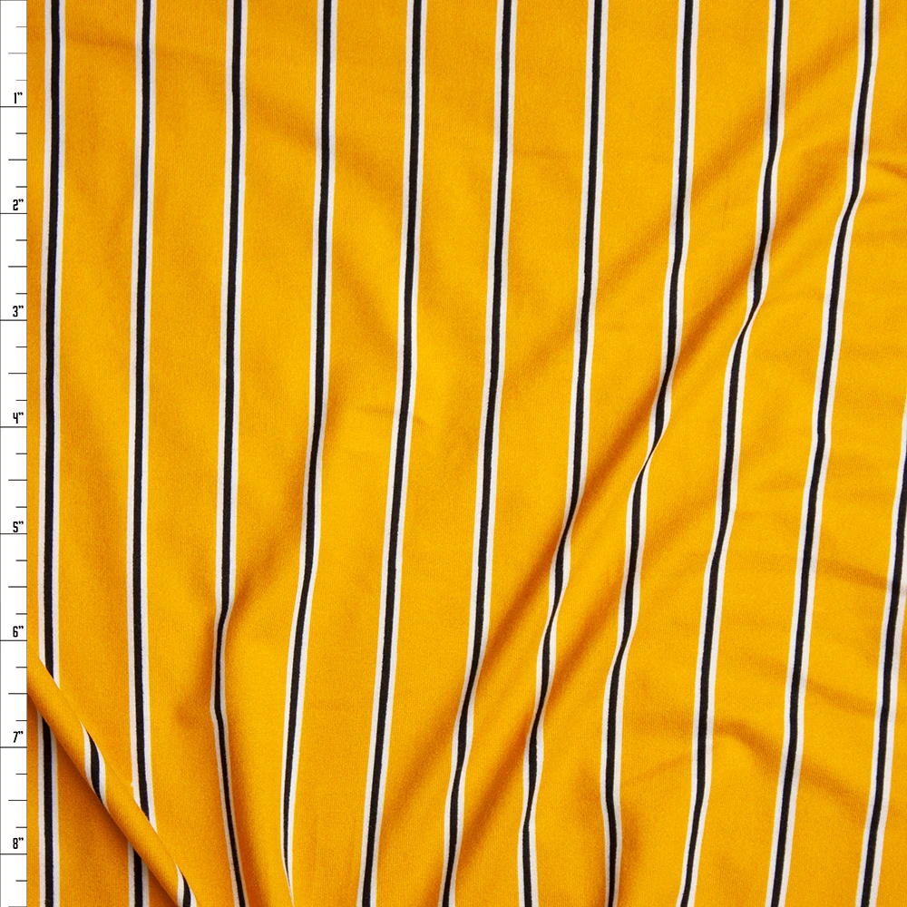 Black and White Narrow Vertical Stripe on Goldenrod Yellow Double Brushed Poly Spandex Fabric By The Yard