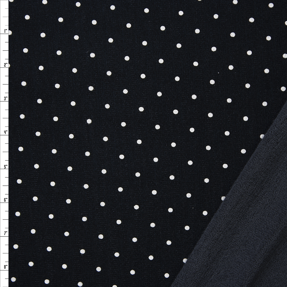 White on Black Polka Dots Soft Stretch French Terry Fabric By The Yard