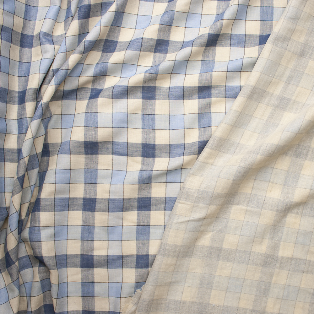 Blue and Ivory Plaid Reversible Lightweight Double Gauze Fabric By The Yard - Wide shot