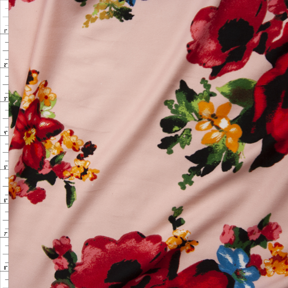 Bright Red, Blue, Green, and Yellow Floral on Blush Double Brushed Poly Spandex Fabric By The Yard
