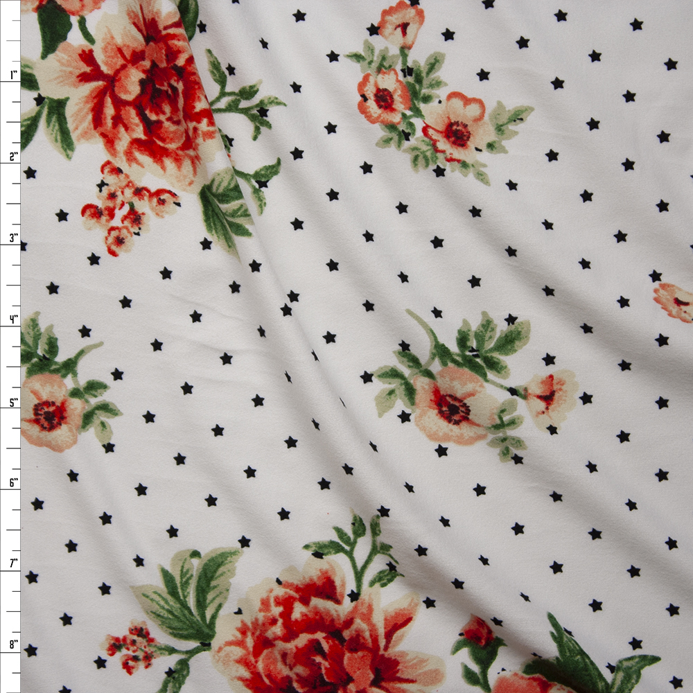 Red and Pink Rose Floral on a Background of Black Stars on White Double Brushed Poly Spandex Fabric By The Yard