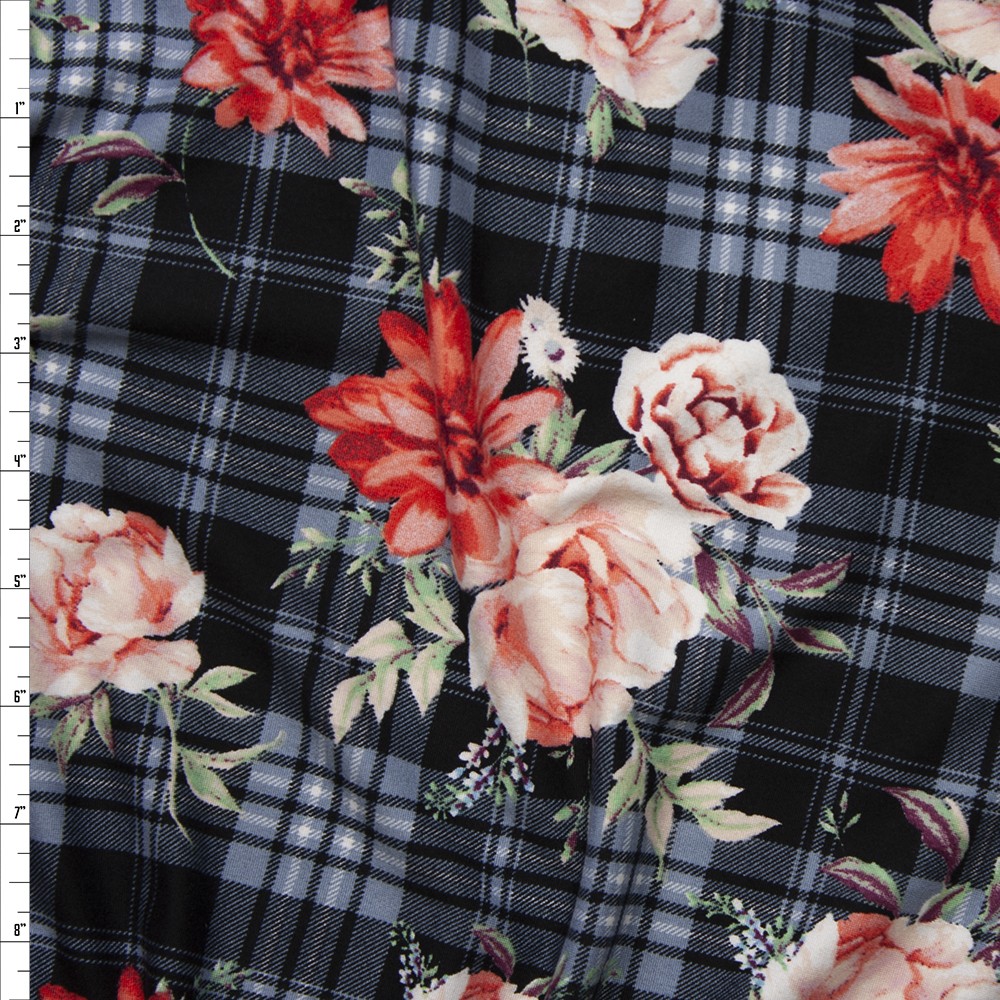 Red and Pink Rose Floral on a Black and Grey Plaid Double Brushed Poly Spandex Fabric By The Yard
