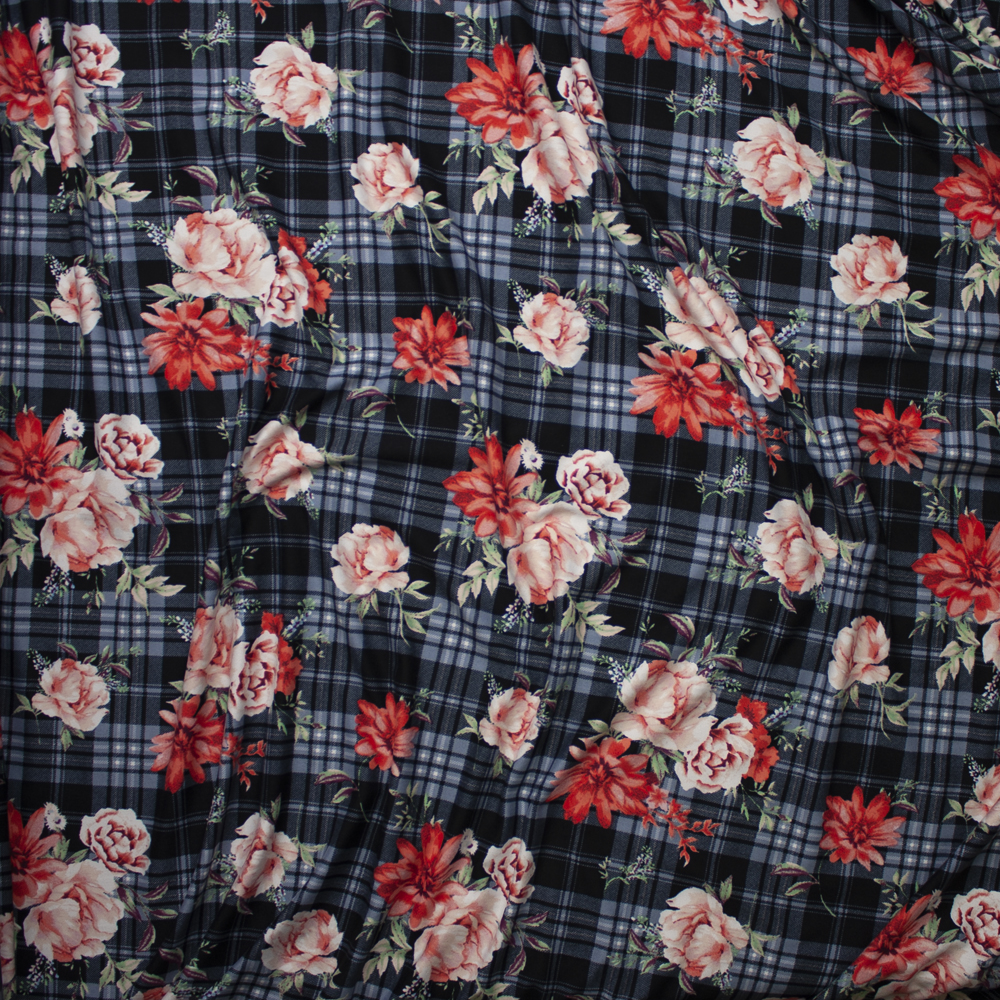 Red and Pink Rose Floral on a Black and Grey Plaid Double Brushed Poly Spandex Fabric By The Yard - Wide shot