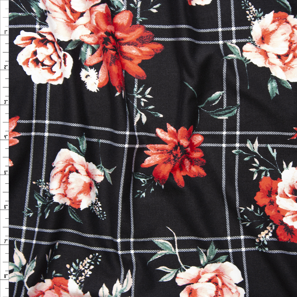 Red and Pink Rose Floral on a Black and White Plaid Double Brushed Poly Spandex Fabric By The Yard