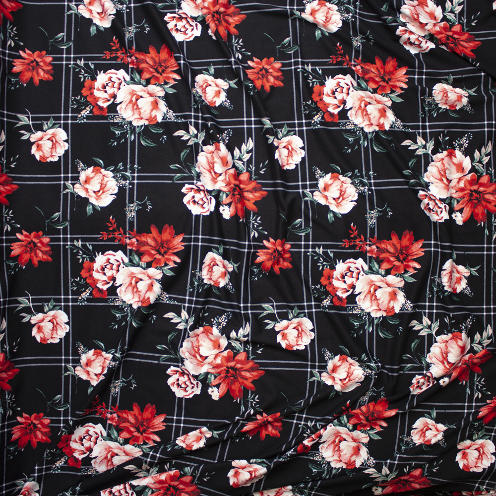 Red and Pink Rose Floral on a Black and White Plaid Double Brushed Poly Spandex Fabric By The Yard - Wide shot