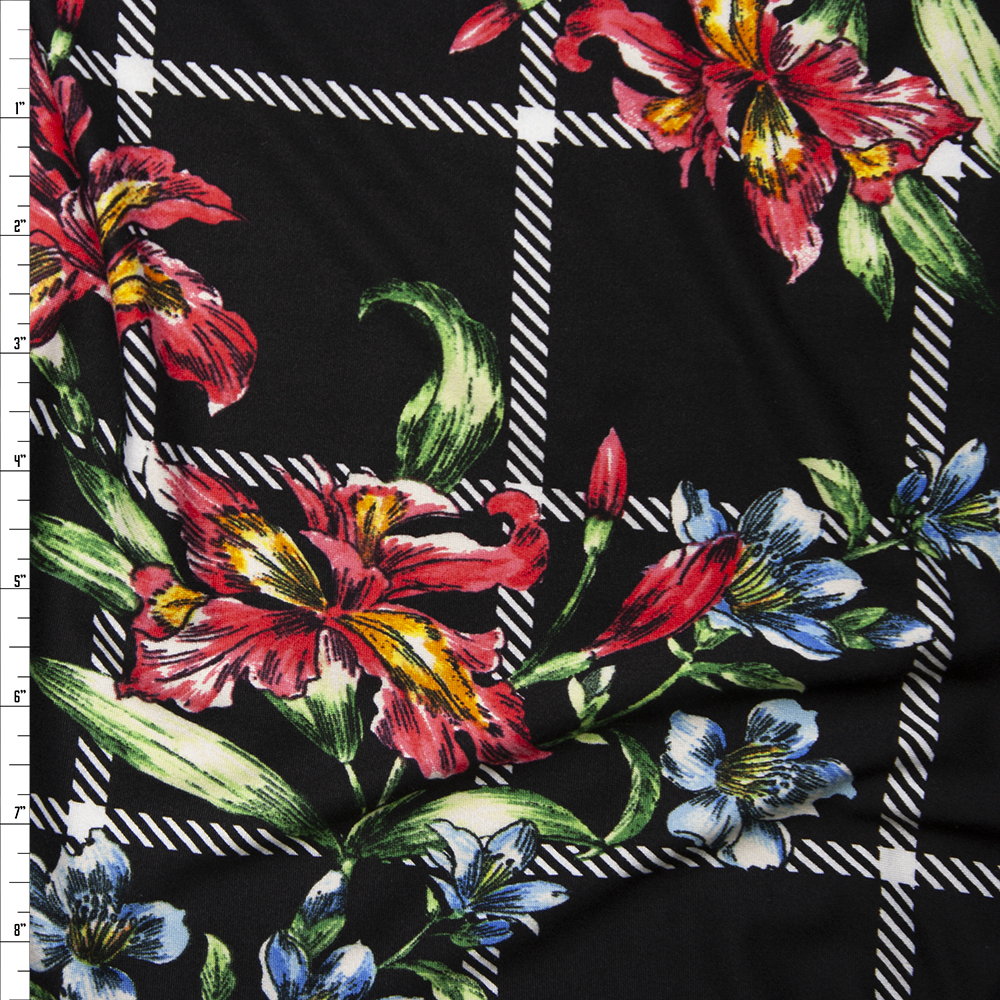 Sketchbook Daffodil Floral on Black and White Plaid Double Brushed Poly Spandex Fabric By The Yard