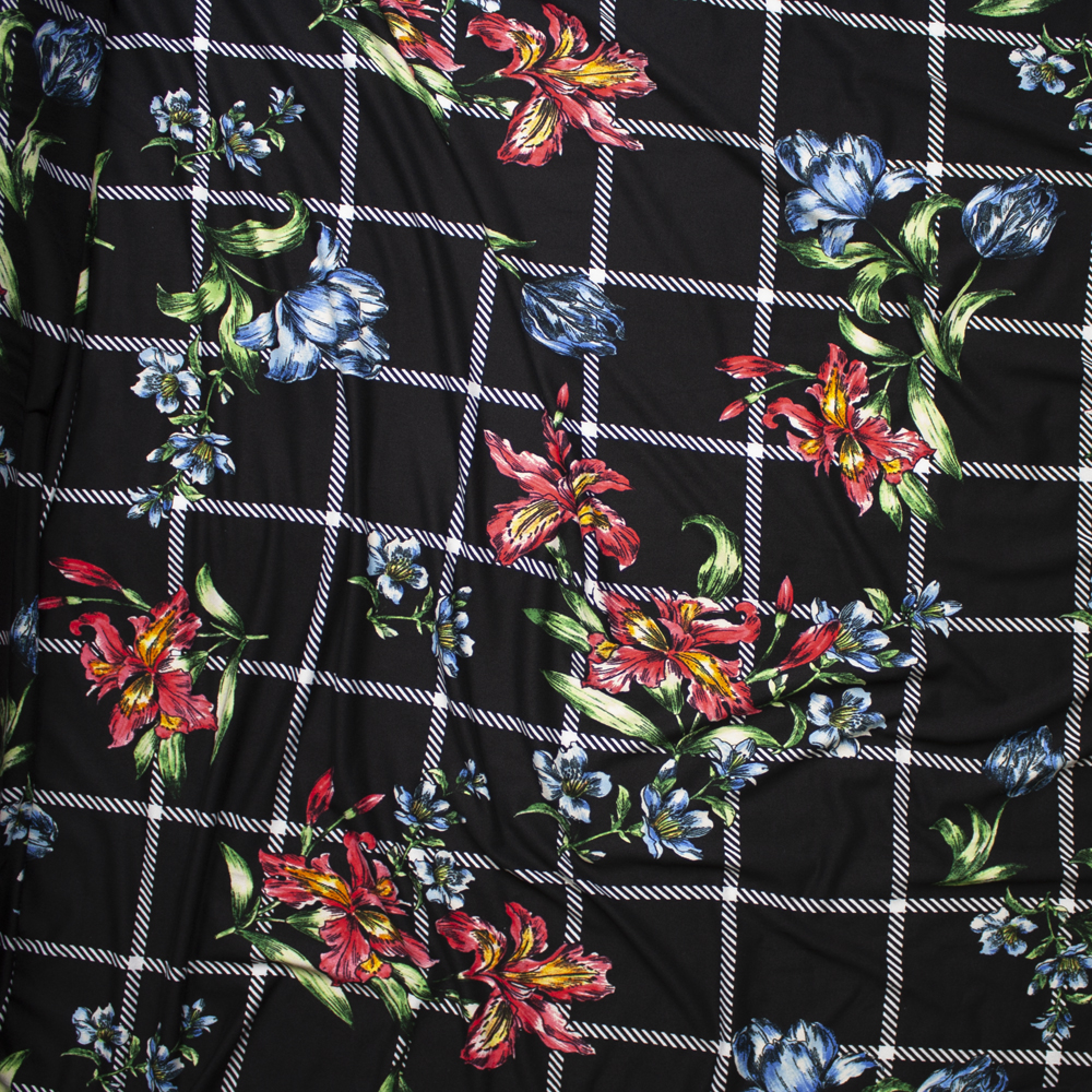 Sketchbook Daffodil Floral on Black and White Plaid Double Brushed Poly Spandex Fabric By The Yard - Wide shot