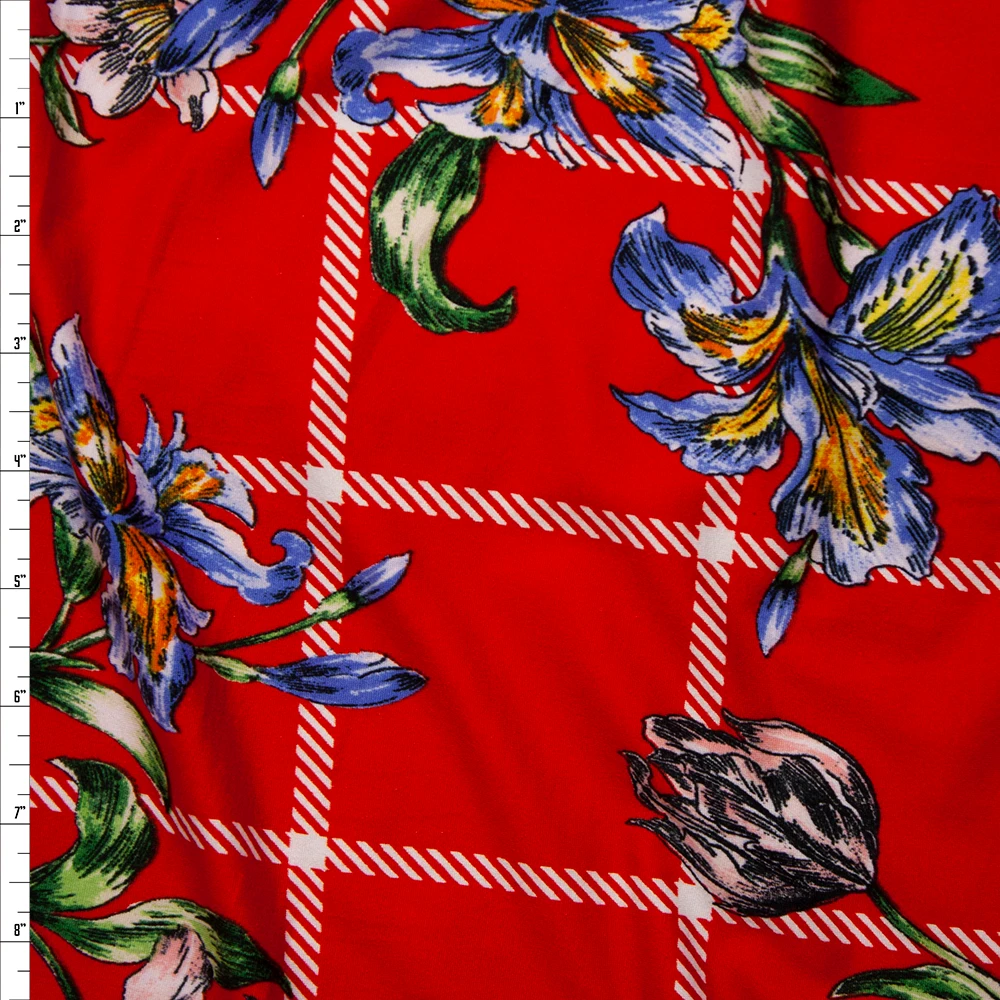 Sketchbook Daffodil Floral on Red and White Plaid Double Brushed Poly Spandex Fabric By The Yard