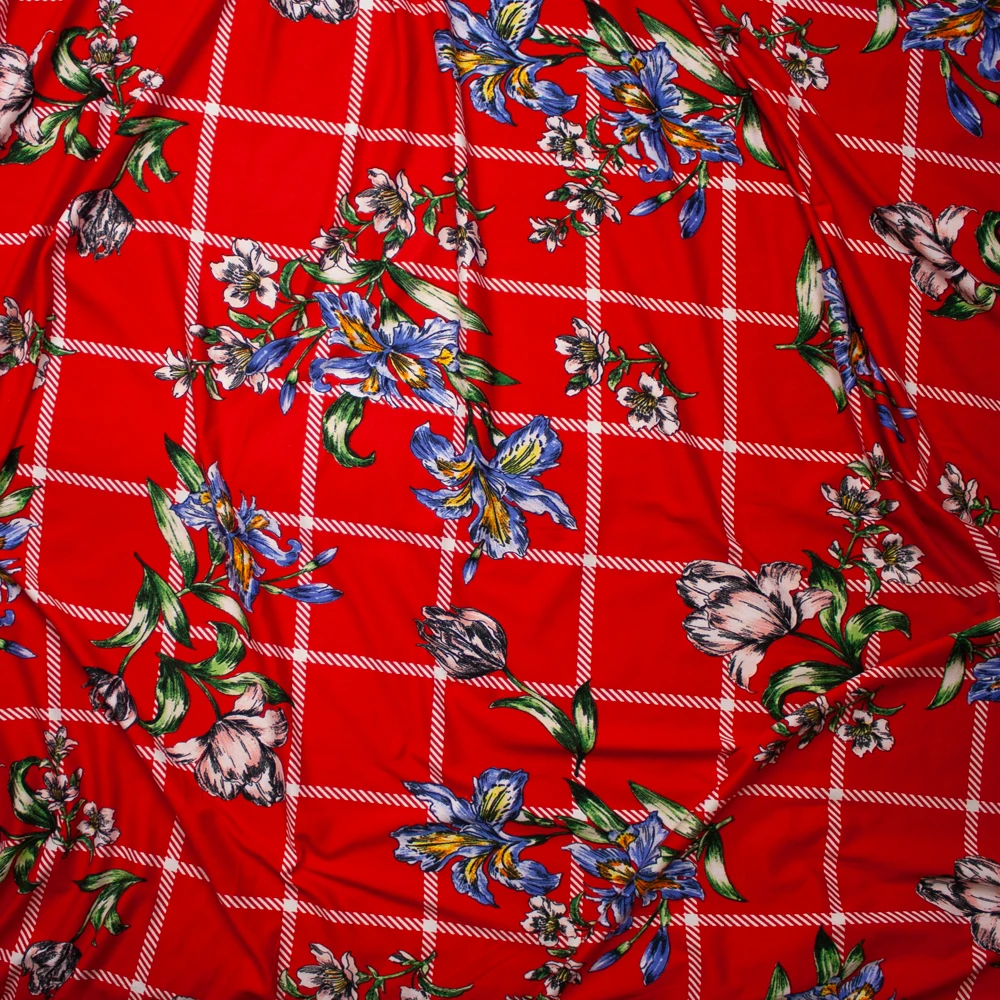 Sketchbook Daffodil Floral on Red and White Plaid Double Brushed Poly Spandex Fabric By The Yard - Wide shot