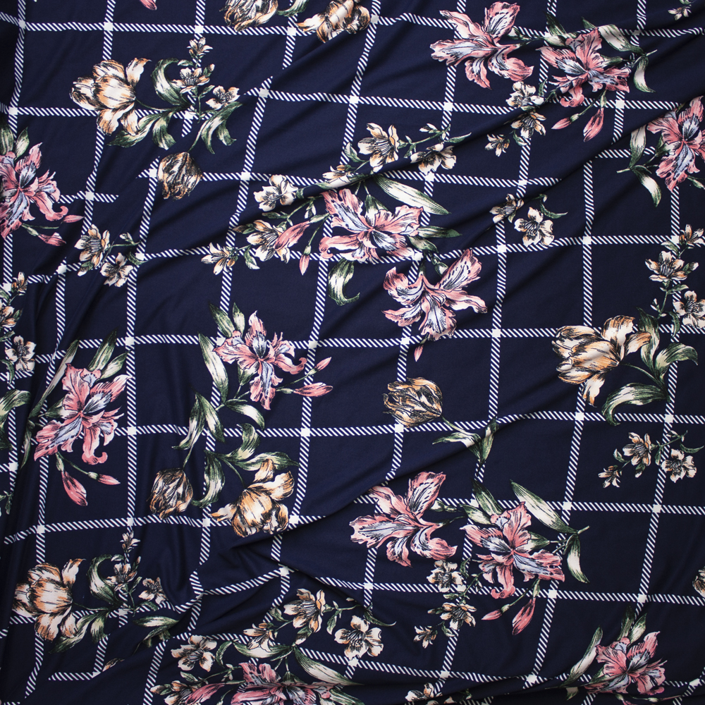 Sketchbook Daffodil Floral on Navy Blue and White Plaid Double Brushed Poly Spandex Fabric By The Yard - Wide shot