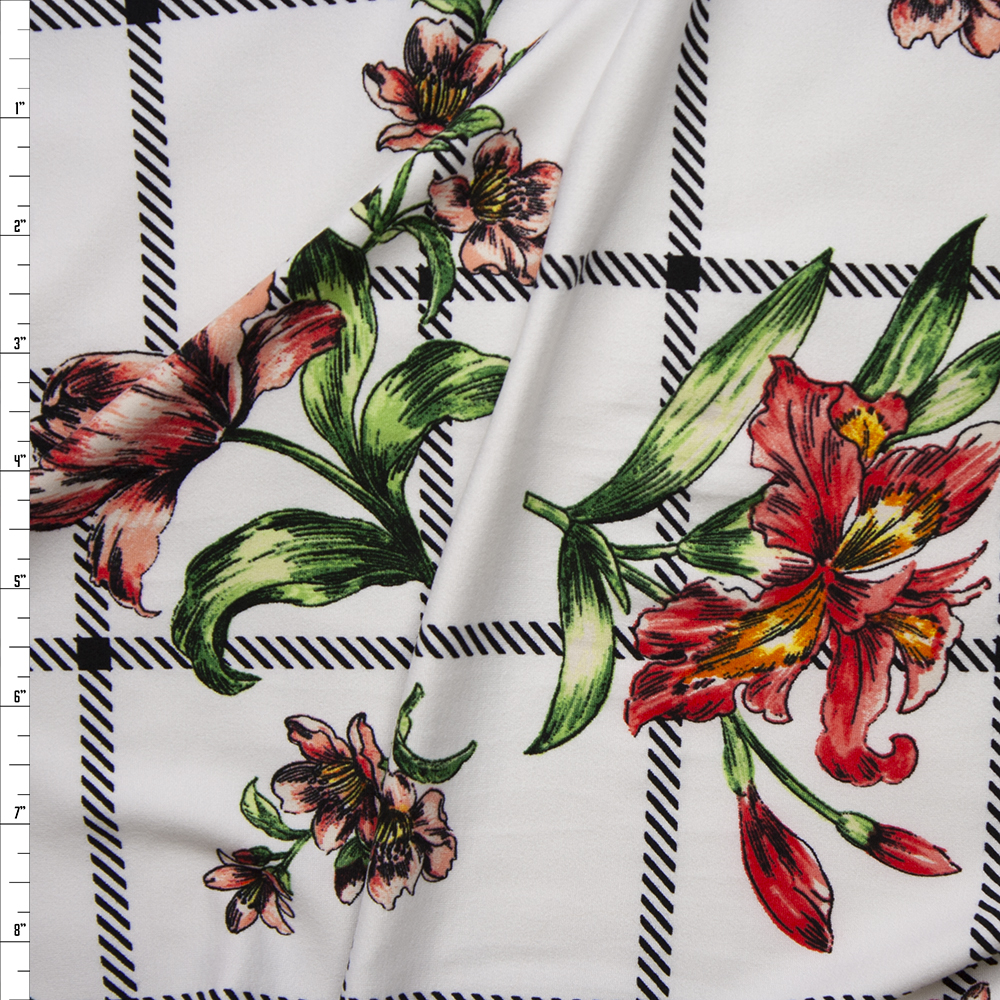 Sketchbook Daffodil Floral on White and Black Plaid Double Brushed Poly Spandex Fabric By The Yard