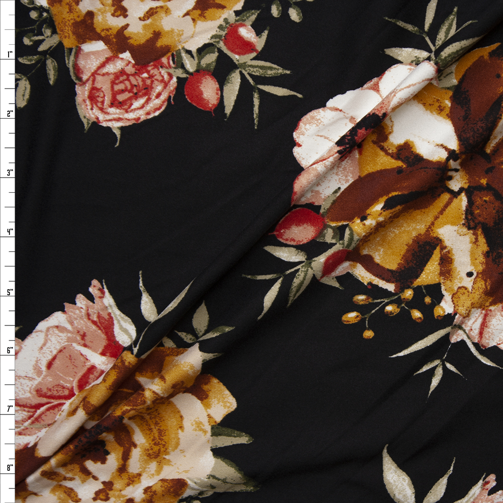 Gold, Pink, and Tan Floral Clusters on Black Double Brushed Poly Spandex Fabric By The Yard