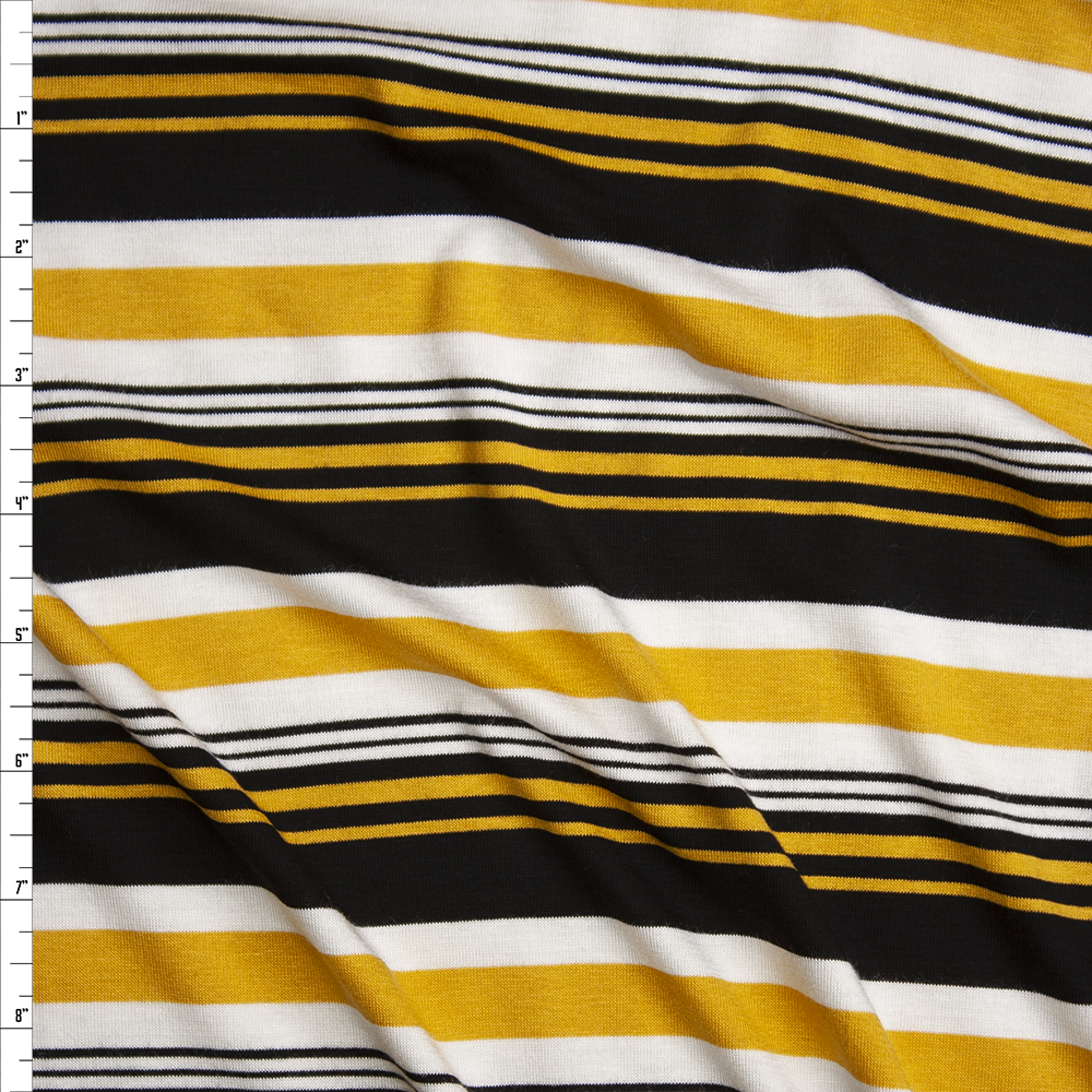 Yellow, Black, and White Horizontal Stripe Stretch Rayon Jersey Knit Fabric By The Yard