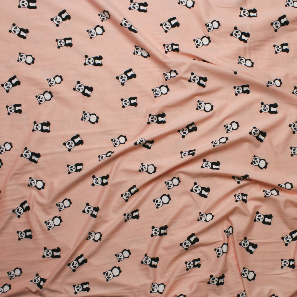 Black and White Pandas on Peach Double Brushed Poly/Spandex Knit Fabric By The Yard - Wide shot