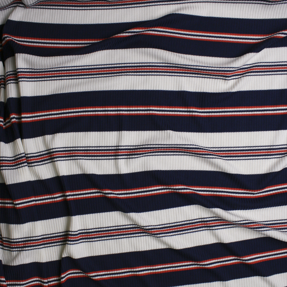 Navy, White, and Orange Horizontal Stripe Ribbed Sweater Knit Fabric By The Yard - Wide shot