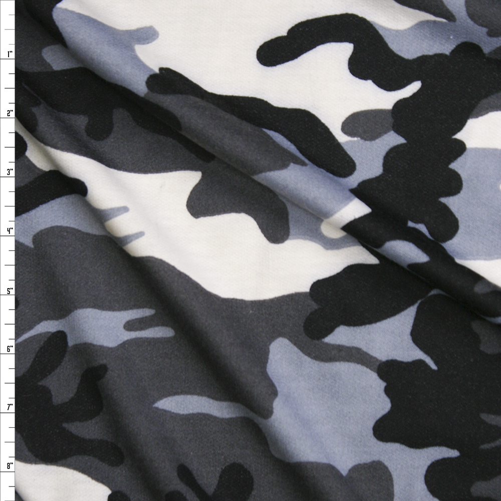 Black, White, and Grey Camouflage French Terry Fabric By The Yard