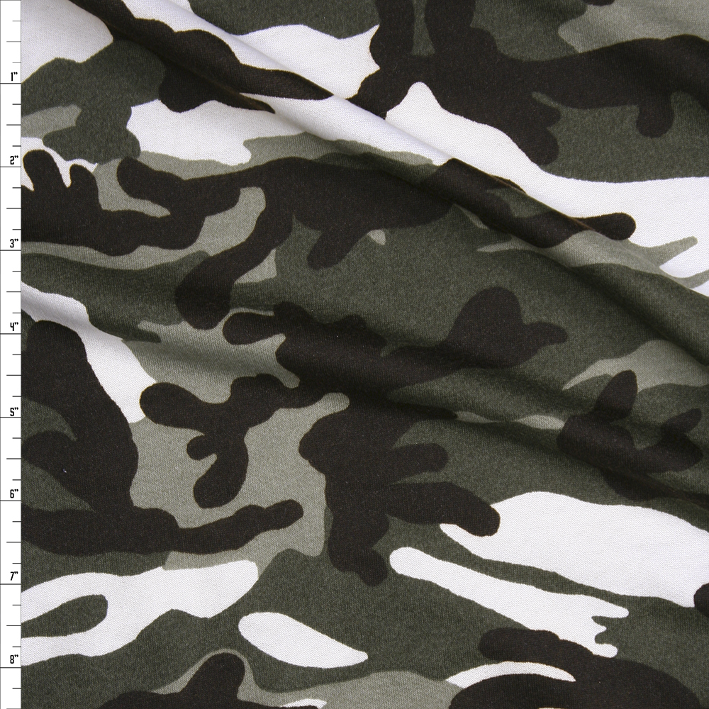 Olive, Brown, and Offwhite Camouflage French Terry Fabric By The Yard