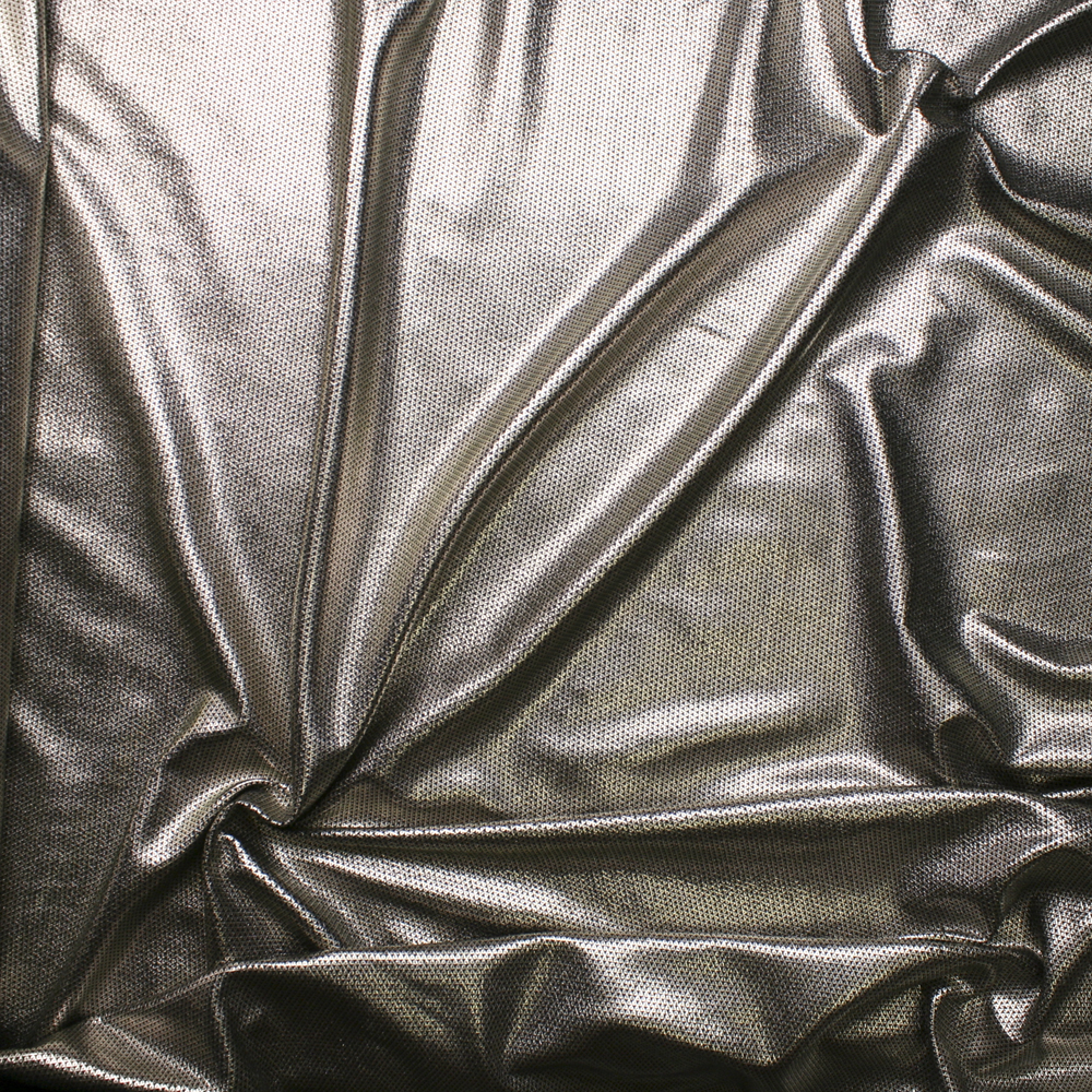 Silver Geometric Metallic Pattern on Black Liverpool Knit Fabric By The Yard - Wide shot
