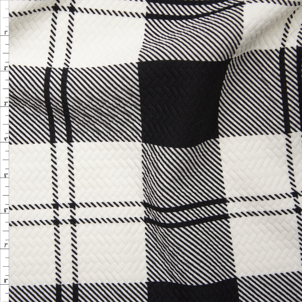 Large Black and White Plaid Brick Textured Double Knit Fabric By The Yard