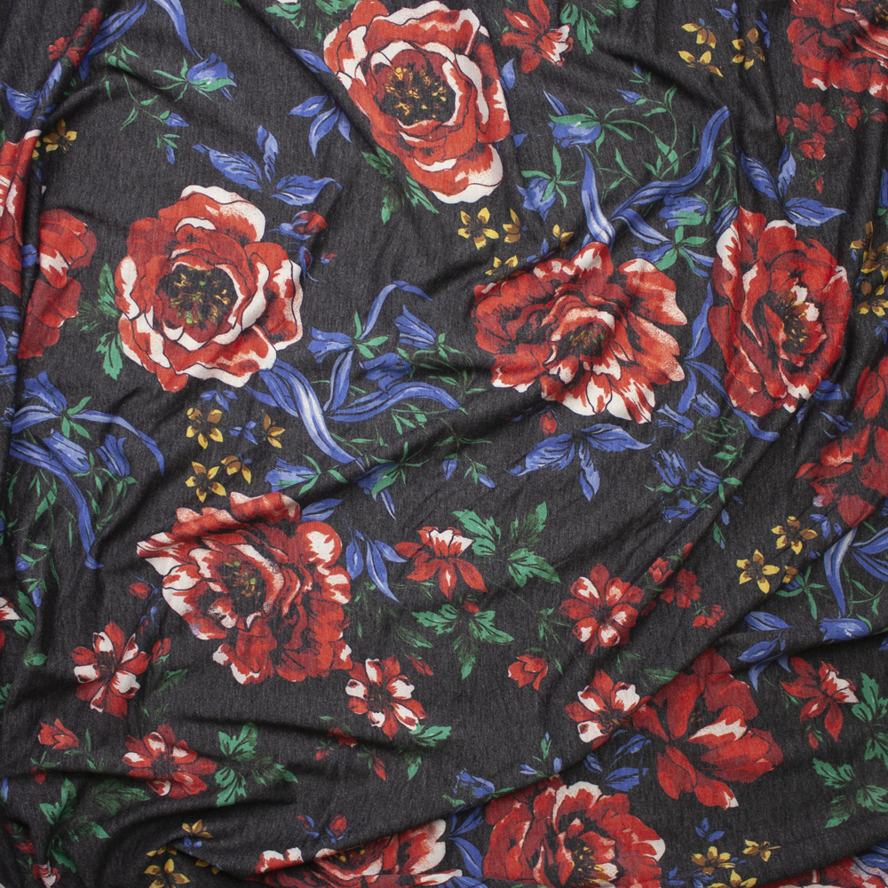 Red, Blue, Green, and Yellow Floral on Charcoal Heather French Terry Fabric By The Yard - Wide shot