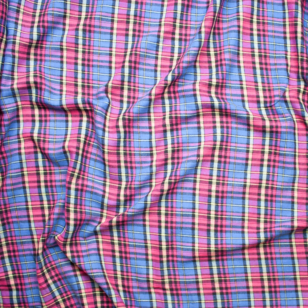 Sky Blue, Pink, Yellow, and Black Plaid Cotton Flannel Fabric By The Yard - Wide shot