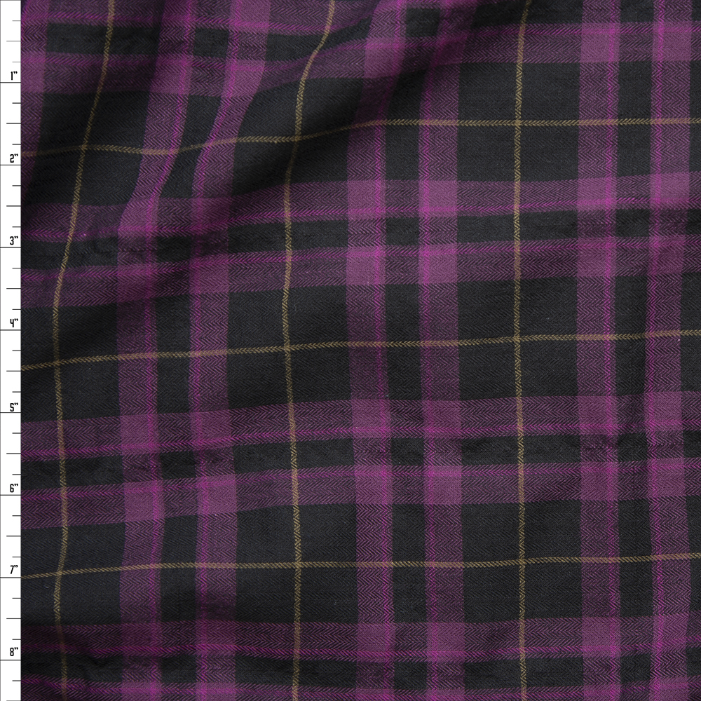 Pink, Tan, and Black Plaid Herringbone Cotton Lawn Fabric By The Yard