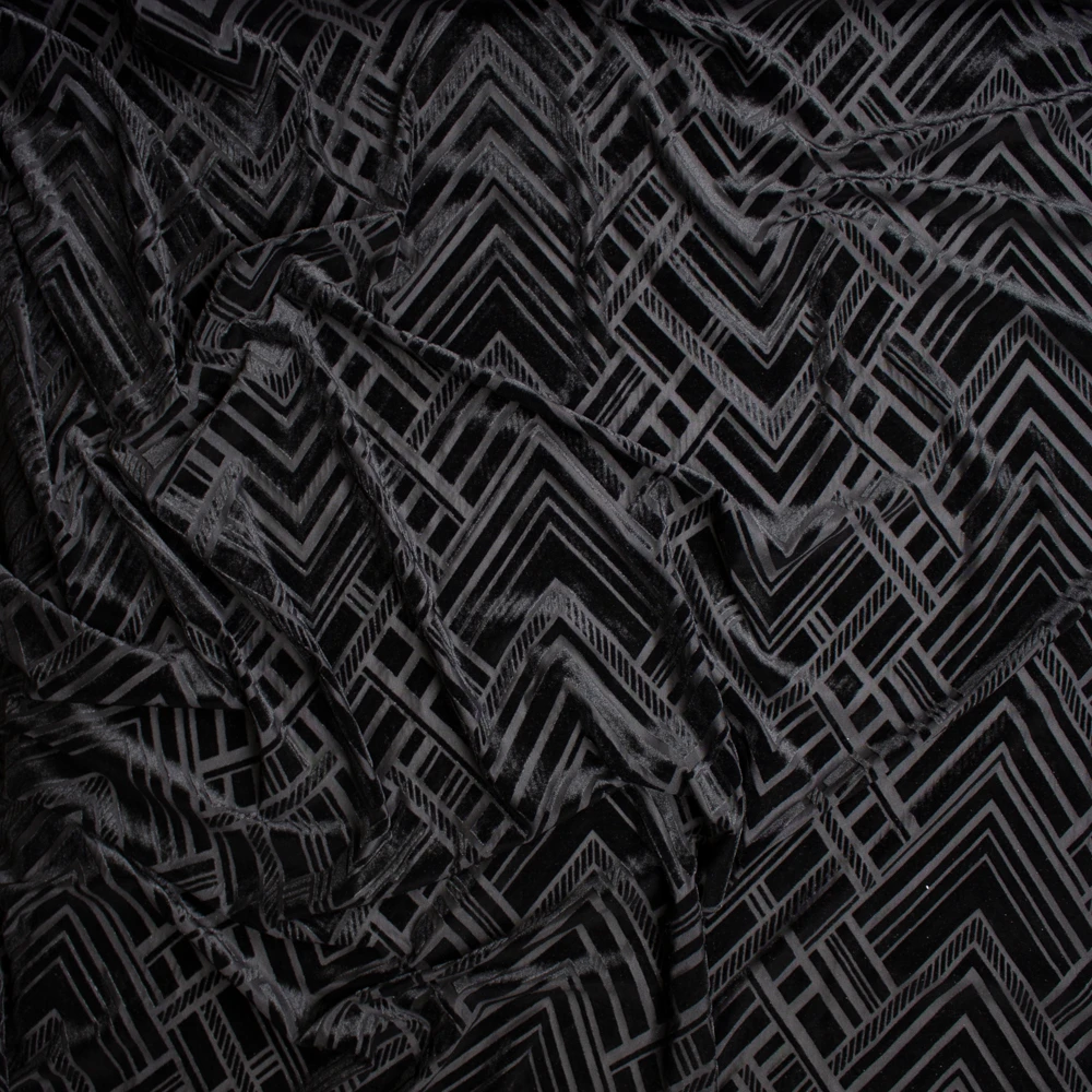 Black Geometric Art Deco on Black Burnout Stretch Velvet Fabric By The Yard - Wide shot