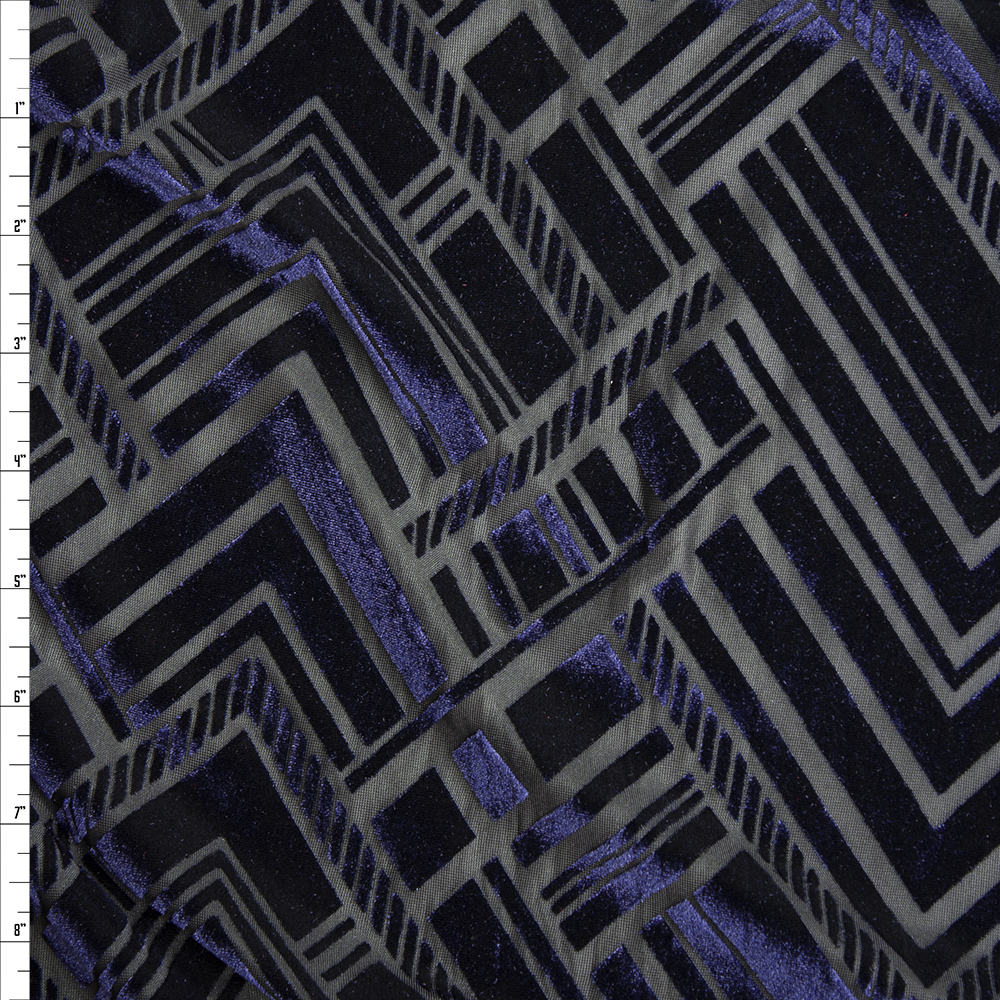 Navy Geometric Art Deco on Black Burnout Stretch Velvet Fabric By The Yard