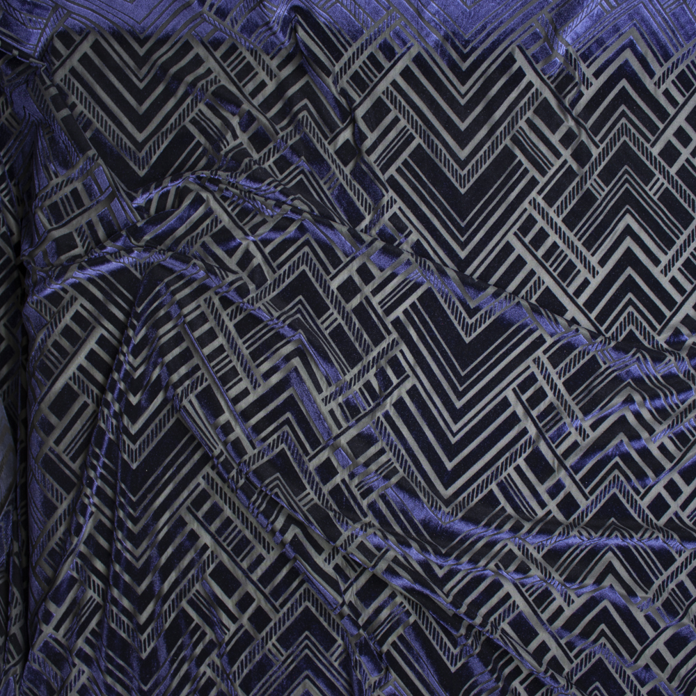 Navy Geometric Art Deco on Black Burnout Stretch Velvet Fabric By The Yard - Wide shot