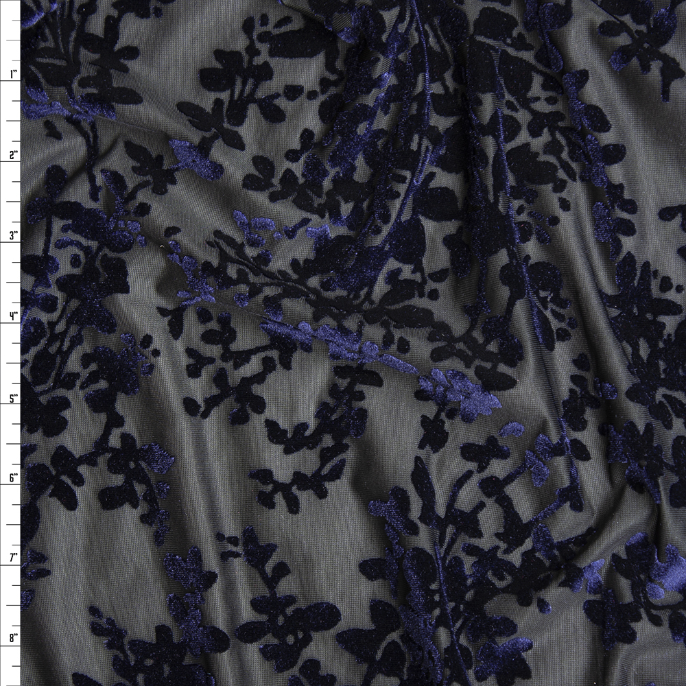 Navy Floral on Black Burnout Stretch Velvet Fabric By The Yard