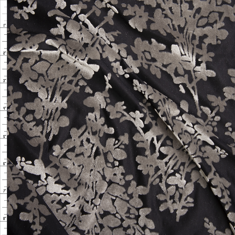 Grey Floral on Black Burnout Stretch Velvet Fabric By The Yard
