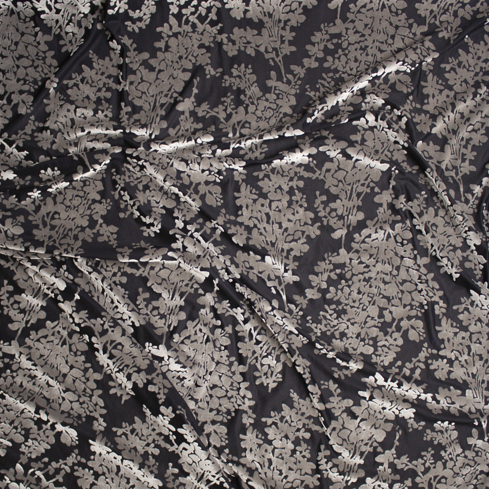 Grey Floral on Black Burnout Stretch Velvet Fabric By The Yard - Wide shot