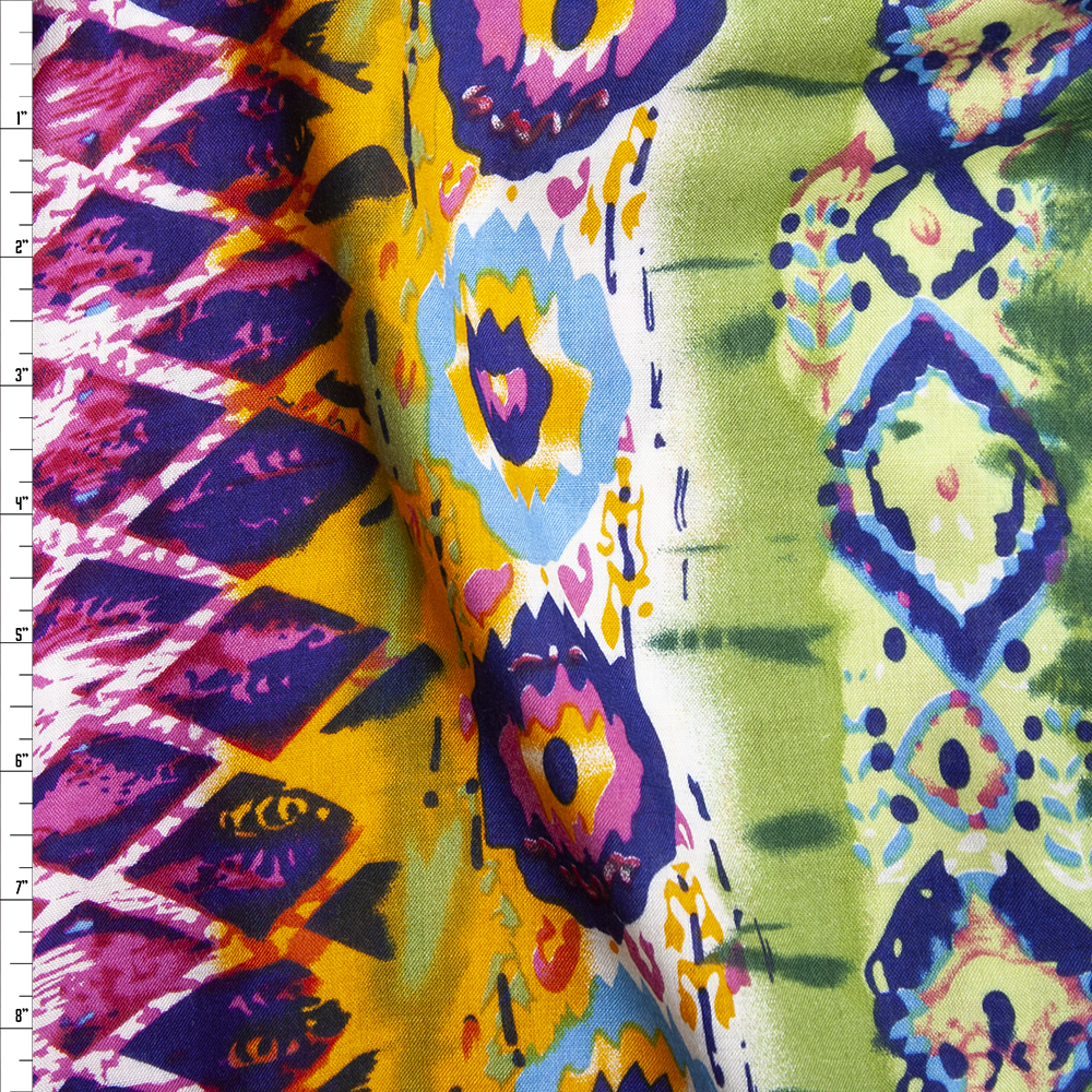 Blue, Olive, Hot Pink, and Orange Bohemian Border Print Rayon Challis Fabric By The Yard