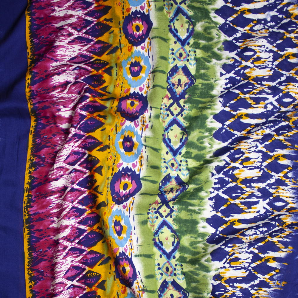 Blue, Olive, Hot Pink, and Orange Bohemian Border Print Rayon Challis Fabric By The Yard - Wide shot